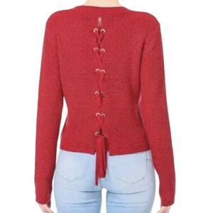 Express Women's Red Crew Neck Sweater Back Lace Up Medium